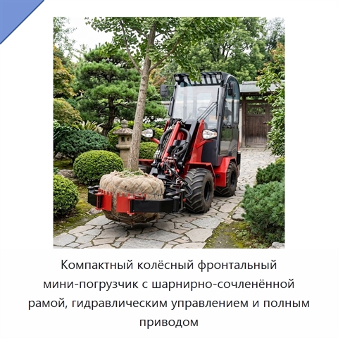 Компактный колёсный фронтальный мини-погрузчик с шарнирно-сочленённой рамой, гидравлическим управлением и полным приводом