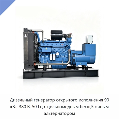 Дизельный генератор открытого исполнения 90 кВт, 380 В, 50 Гц с цельномедным бесщёточным альтернатором