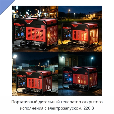Портативный дизельный генератор открытого исполнения с электрозапуском, 220 В