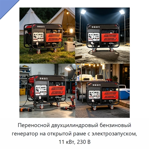 Переносной двухцилиндровый бензиновый генератор на открытой раме с электрозапуском, 11 кВт, 230 В