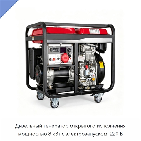 Дизельный генератор открытого исполнения мощностью 8 кВт с электрозапуском, 220 В