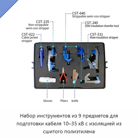 Набор инструментов из 9 предметов для подготовки кабеля 10–35 кВ с изоляцией из сшитого полиэтилена