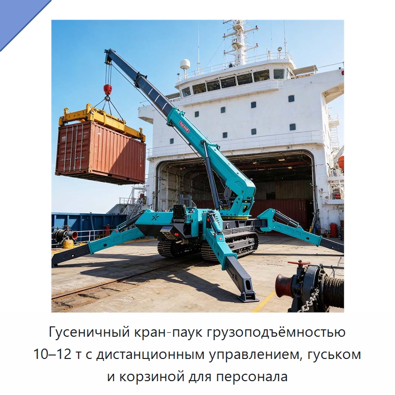 Гусеничный кран-паук грузоподъёмностью 10–12 т с дистанционным управлением, гуськом и корзиной для персонала — Краны