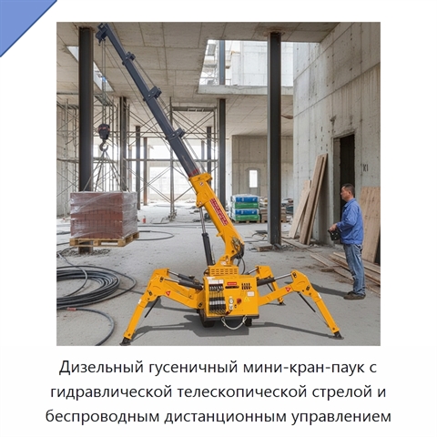 Дизельный гусеничный мини-кран-паук с гидравлической телескопической стрелой и беспроводным дистанционным управлением