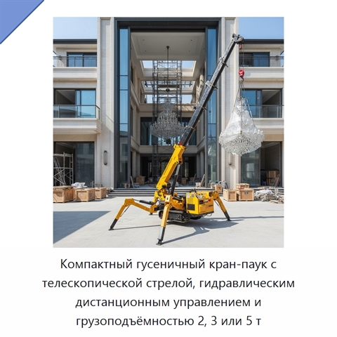 Компактный гусеничный кран-паук с телескопической стрелой, гидравлическим дистанционным управлением и грузоподъёмностью 2, 3 или 5 т