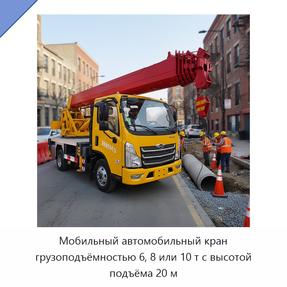 Мобильный автомобильный кран грузоподъёмностью 6, 8 или 10 т с высотой подъёма 20 м — Краны