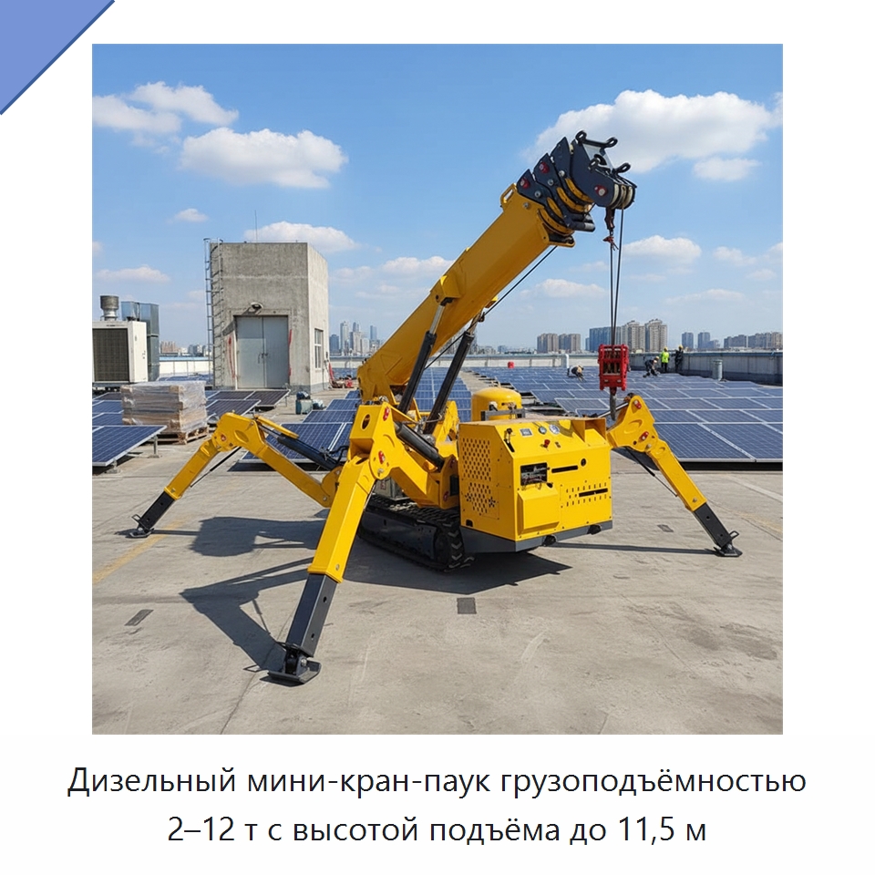 Дизельный мини-кран-паук грузоподъёмностью 2–12 т с высотой подъёма до 11,5 м — Краны