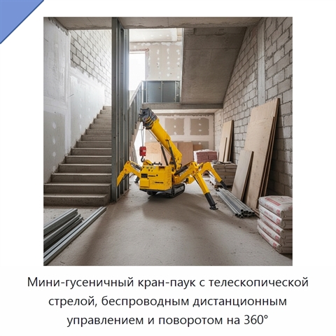 Мини-гусеничный кран-паук с телескопической стрелой, беспроводным дистанционным управлением и поворотом на 360°