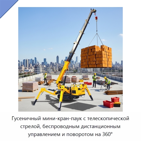 Гусеничный мини-кран-паук с телескопической стрелой, беспроводным дистанционным управлением и поворотом на 360°