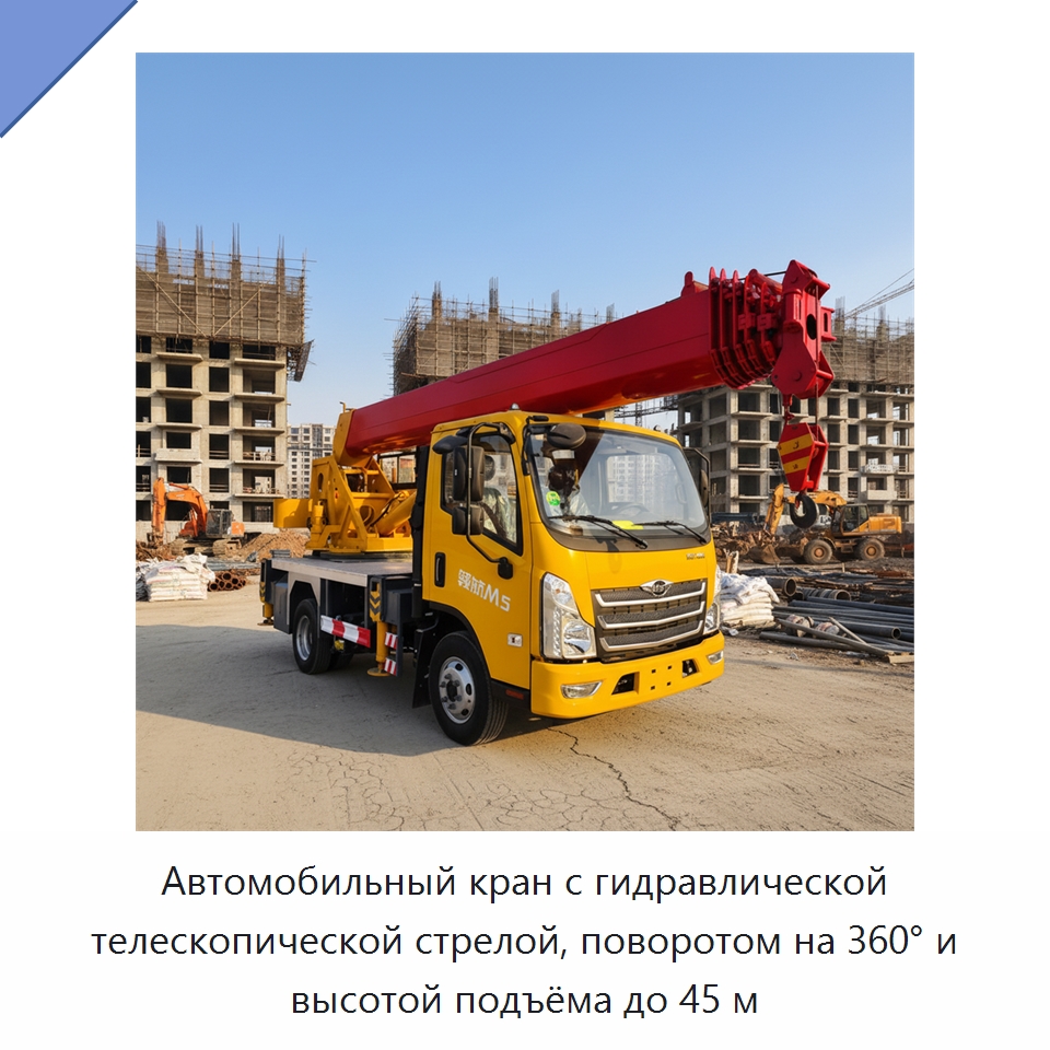 Автомобильный кран с гидравлической телескопической стрелой, поворотом на 360° и высотой подъёма до 45 м — Краны