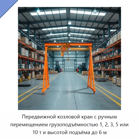 Передвижной козловой кран с ручным перемещением грузоподъёмностью 1, 2, 3, 5 или 10 т и высотой подъёма до 6 м