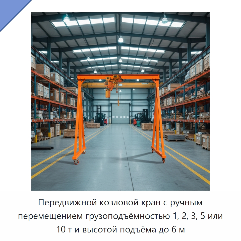 Передвижной козловой кран с ручным перемещением грузоподъёмностью 1, 2, 3, 5 или 10 т и высотой подъёма до 6 м — Краны