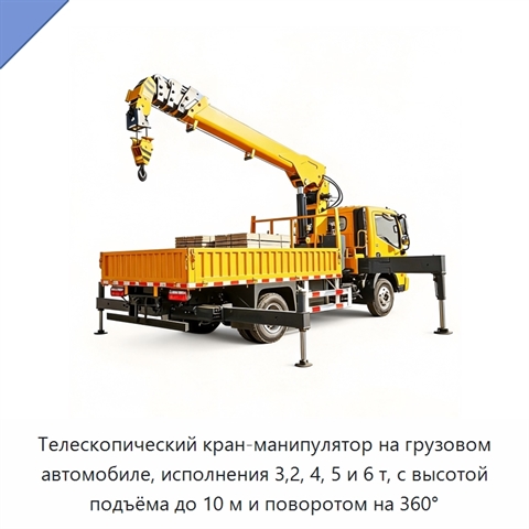 Телескопический кран-манипулятор на грузовом автомобиле, исполнения 3,2, 4, 5 и 6 т, с высотой подъёма до 10 м и поворотом на 360°