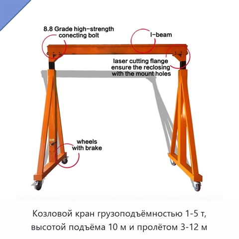 Козловой кран грузоподъёмностью 1-5 т, высотой подъёма 10 м и пролётом 3-12 м