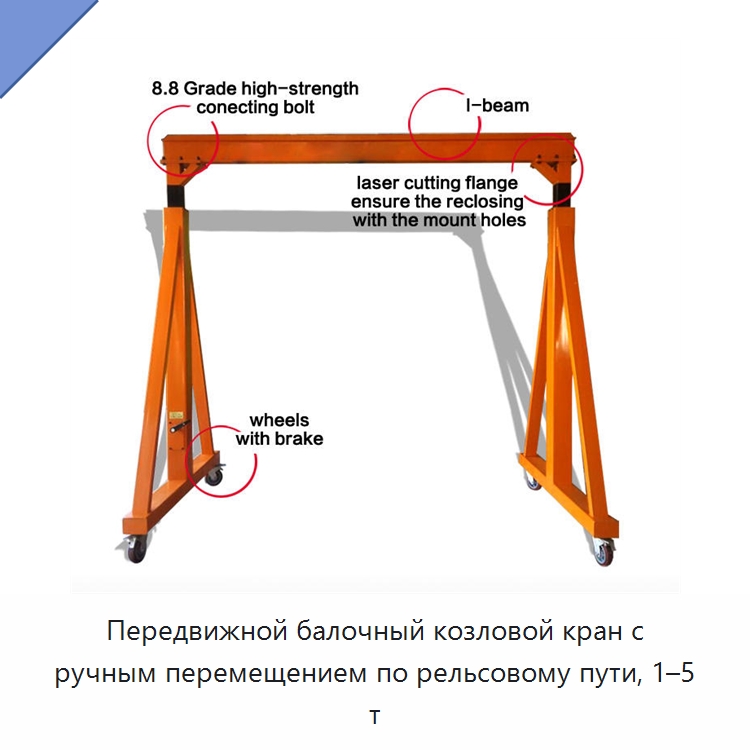 Передвижной балочный козловой кран с ручным перемещением по рельсовому пути, 1–5 т — Краны