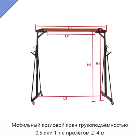 Мобильный козловой кран грузоподъёмностью 0,5 или 1 т с пролётом 2–4 м