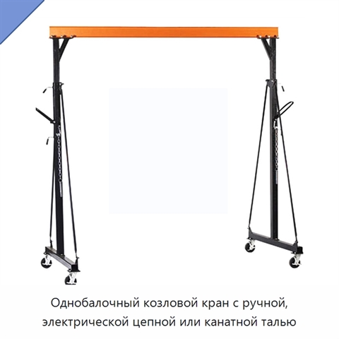 Однобалочный козловой кран с ручной, электрической цепной или канатной талью