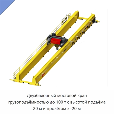 Двухбалочный мостовой кран грузоподъёмностью до 100 т с высотой подъёма 20 м и пролётом 5–20 м