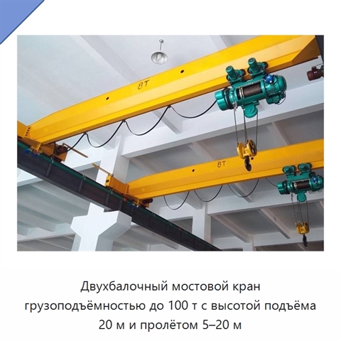 Двухбалочный мостовой кран грузоподъёмностью до 100 т с высотой подъёма 20 м и пролётом 5–20 м