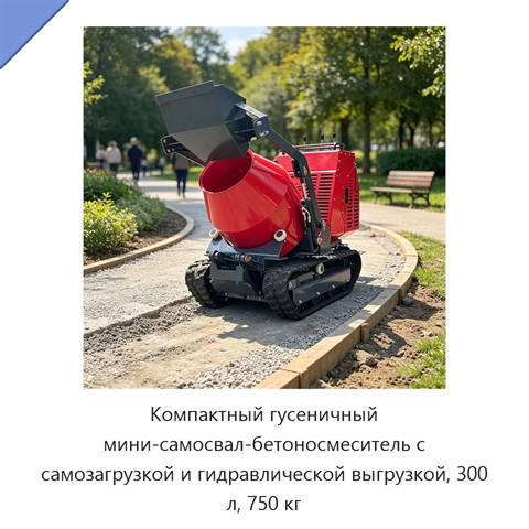 Компактный гусеничный мини-самосвал-бетоносмеситель с самозагрузкой и гидравлической выгрузкой, 300 л, 750 кг