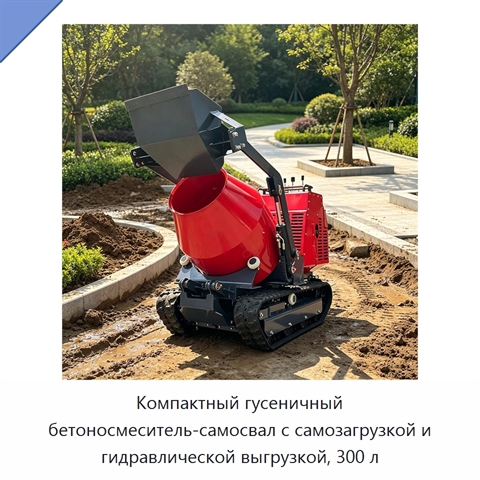 Компактный гусеничный бетоносмеситель-самосвал с самозагрузкой и гидравлической выгрузкой, 300 л