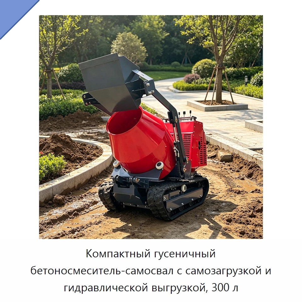 Компактный гусеничный бетоносмеситель-самосвал с самозагрузкой и гидравлической выгрузкой, 300 л — Оборудование для работы с бетоном