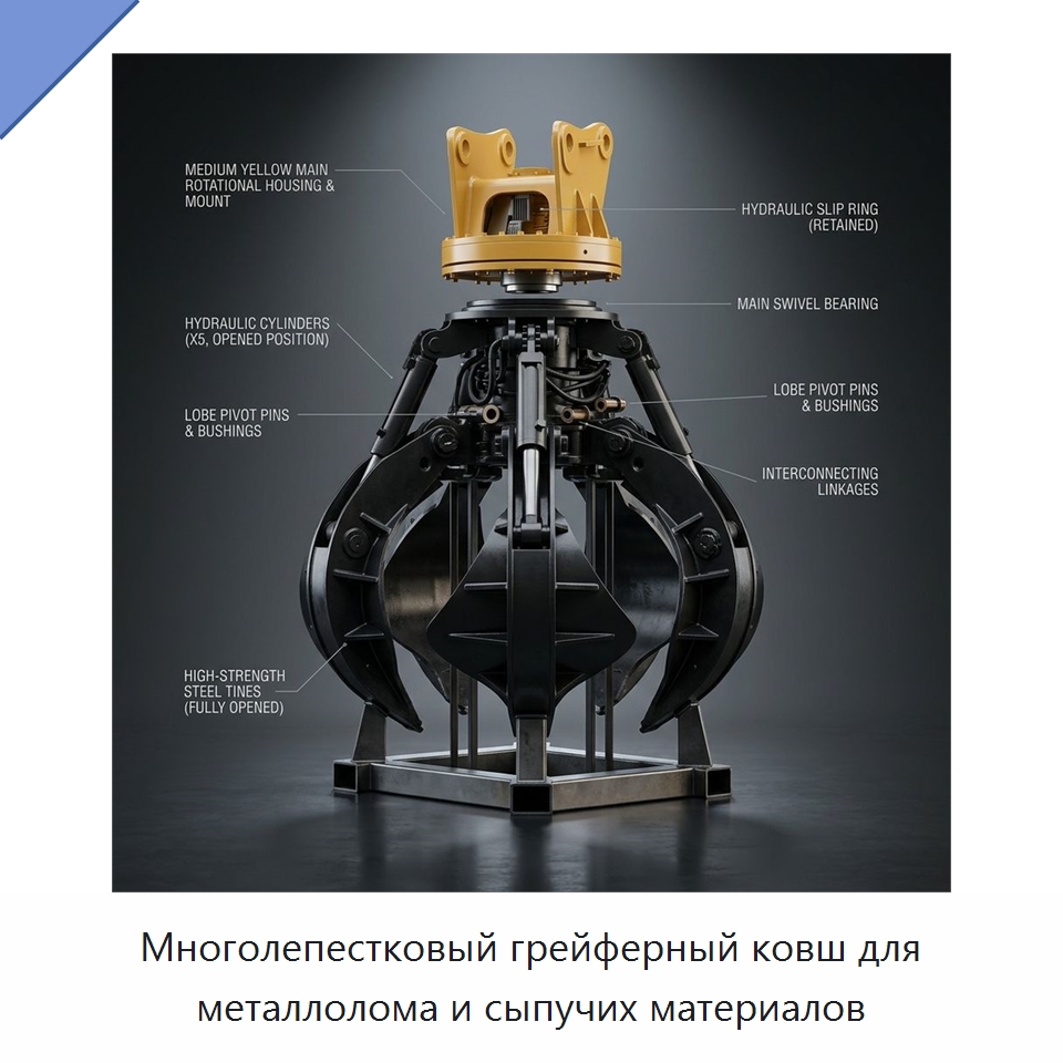 Многолепестковый грейферный ковш для металлолома и сыпучих материалов — Навесное оборудование для строительной техники