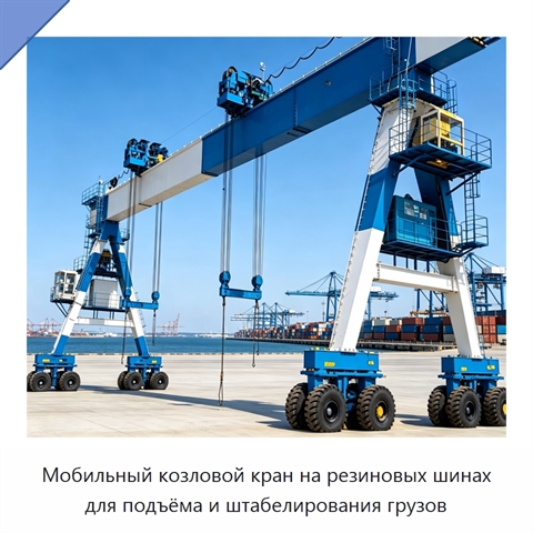 Мобильный козловой кран на резиновых шинах для подъёма и штабелирования грузов