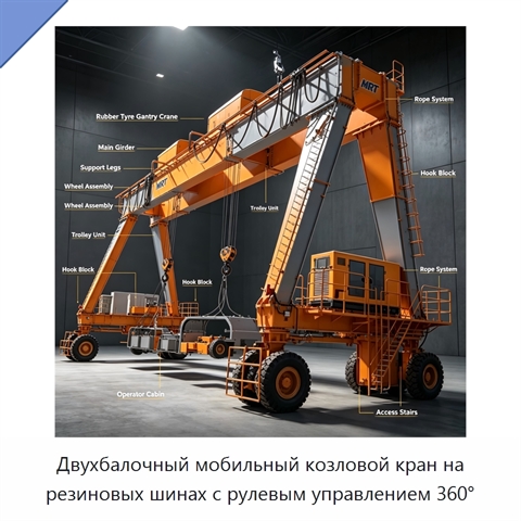 Двухбалочный мобильный козловой кран на резиновых шинах с рулевым управлением 360°