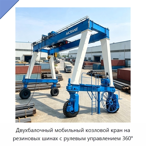 Двухбалочный мобильный козловой кран на резиновых шинах с рулевым управлением 360°