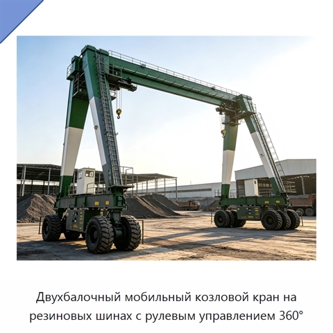 Двухбалочный мобильный козловой кран на резиновых шинах с рулевым управлением 360°