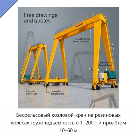 Бесрельсовый козловой кран на резиновых колёсах грузоподъёмностью 1–200 т и пролётом 10–60 м
