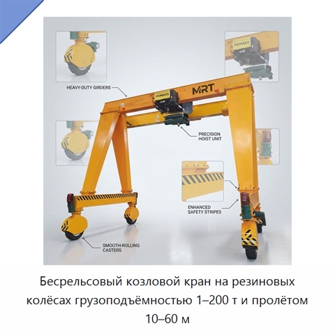 Бесрельсовый козловой кран на резиновых колёсах грузоподъёмностью 1–200 т и пролётом 10–60 м