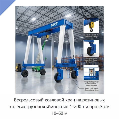 Бесрельсовый козловой кран на резиновых колёсах грузоподъёмностью 1–200 т и пролётом 10–60 м