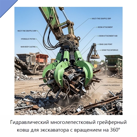 Гидравлический многолепестковый грейферный ковш для экскаватора с вращением на 360°