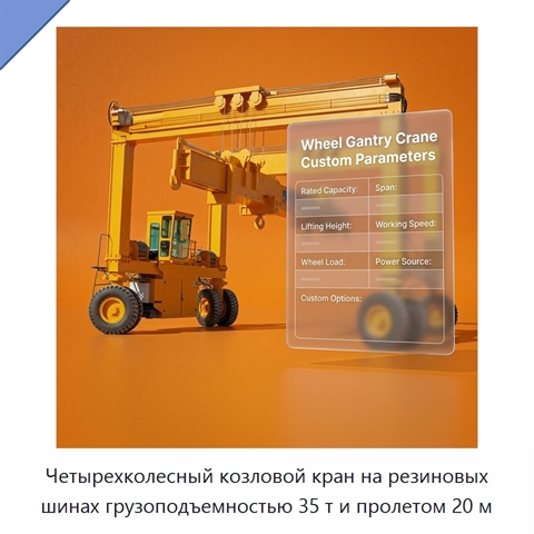 Четырехколесный козловой кран на резиновых шинах грузоподъемностью 35 т и пролетом 20 м