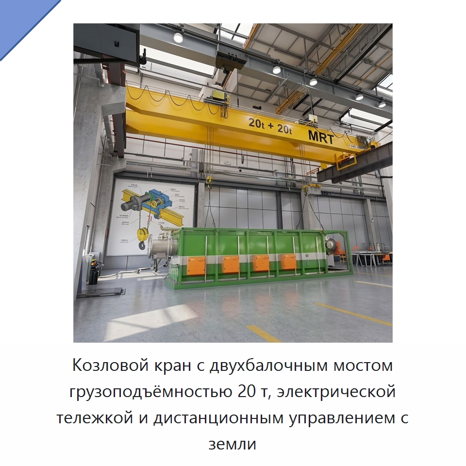 Козловой кран с двухбалочным мостом грузоподъёмностью 20 т, электрической тележкой и дистанционным управлением с земли — Краны