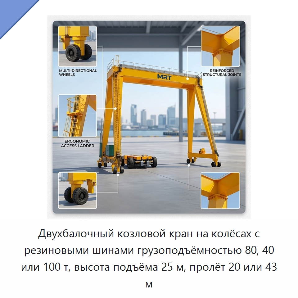 Двухбалочный козловой кран на колёсах с резиновыми шинами грузоподъёмностью 80, 40 или 100 т, высота подъёма 25 м, пролёт 20 или 43 м — Краны