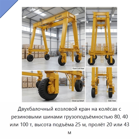 Двухбалочный козловой кран на колёсах с резиновыми шинами грузоподъёмностью 80, 40 или 100 т, высота подъёма 25 м, пролёт 20 или 43 м