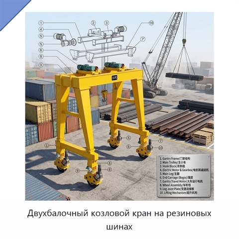 Двухбалочный козловой кран на резиновых шинах