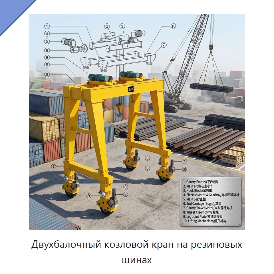 Двухбалочный козловой кран на резиновых шинах — Краны