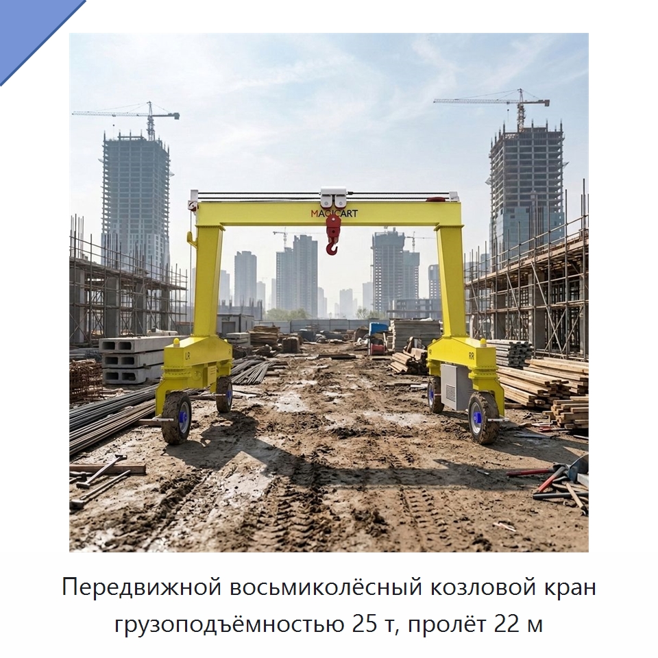 Передвижной восьмиколёсный козловой кран грузоподъёмностью 25 т, пролёт 22 м — Краны