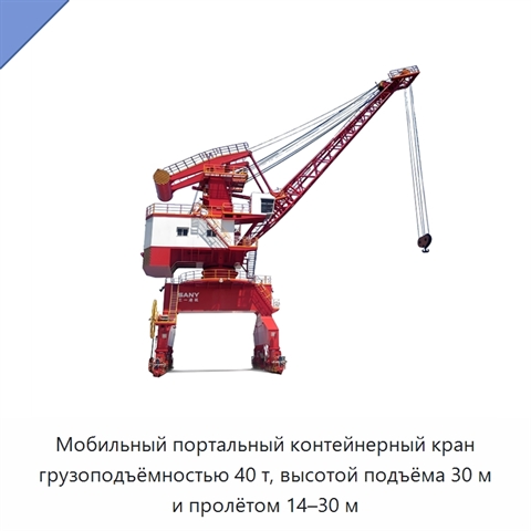 Мобильный портальный контейнерный кран грузоподъёмностью 40 т, высотой подъёма 30 м и пролётом 14–30 м