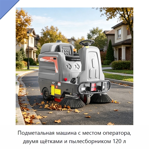 Подметальная машина с местом оператора, двумя щётками и пылесборником 120 л