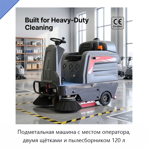 Подметальная машина с местом оператора, двумя щётками и пылесборником 120 л