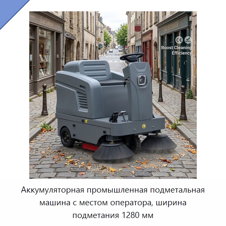 Аккумуляторная промышленная подметальная машина с местом оператора, ширина подметания 1280 мм — Подметальные машины