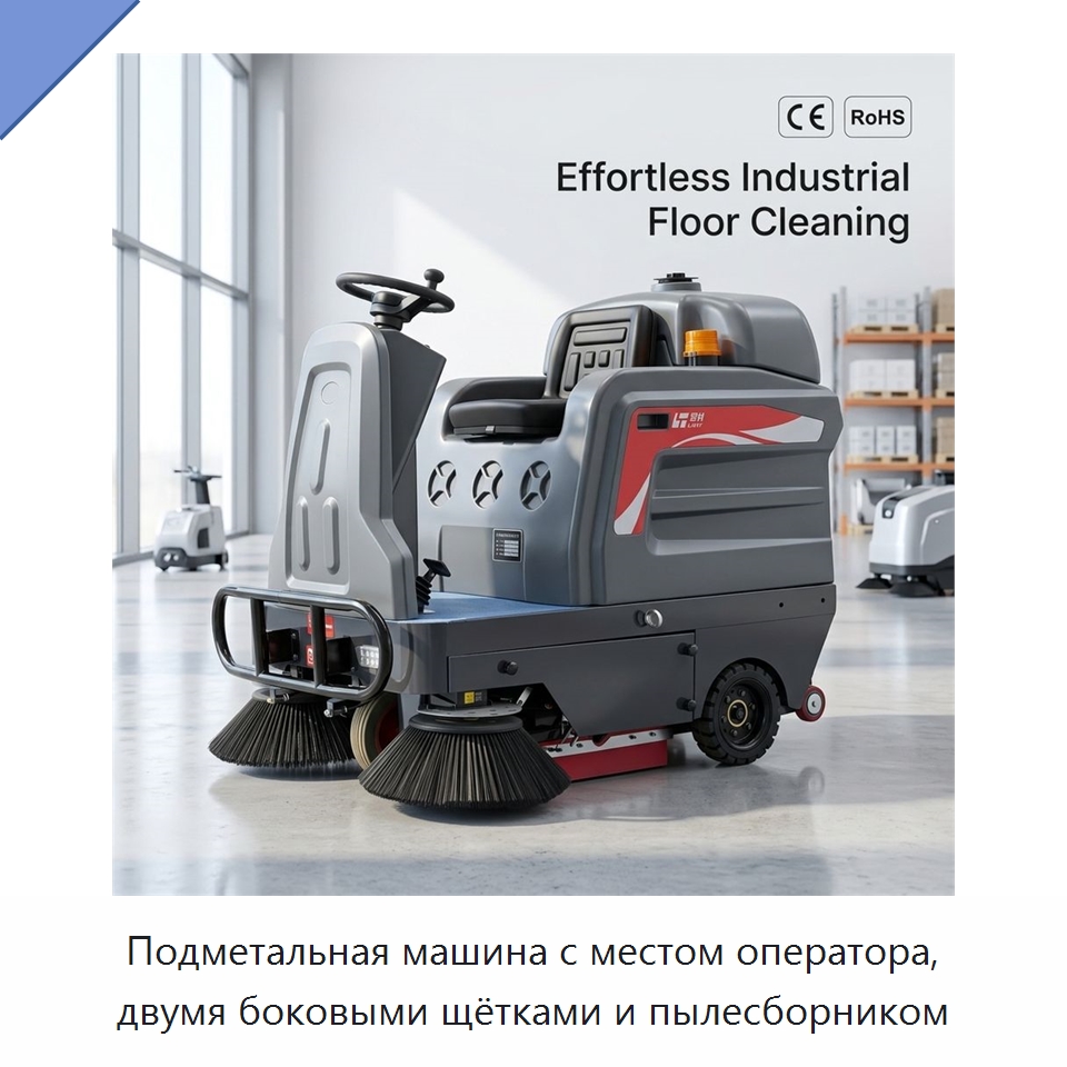 Подметальная машина с местом оператора, двумя боковыми щётками и пылесборником — Подметальные машины