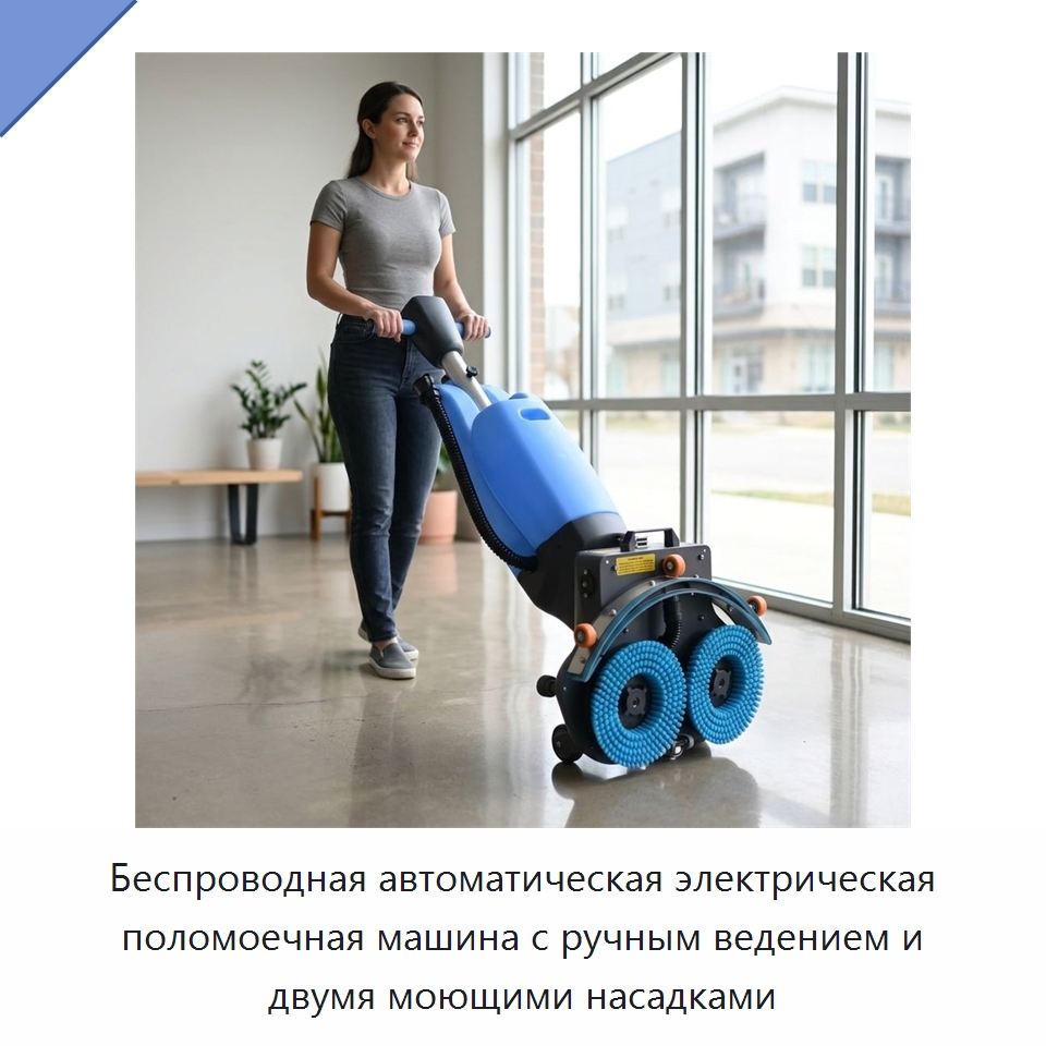 Беспроводная автоматическая электрическая поломоечная машина с ручным ведением и двумя моющими насадками — Подметальные машины