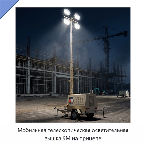 Мобильная телескопическая осветительная вышка 9M на прицепе