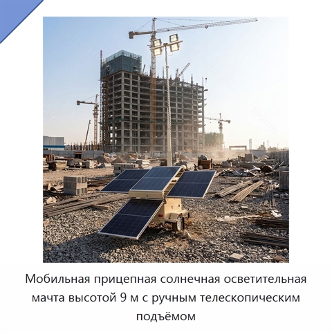 Мобильная прицепная солнечная осветительная мачта высотой 9 м с ручным телескопическим подъёмом